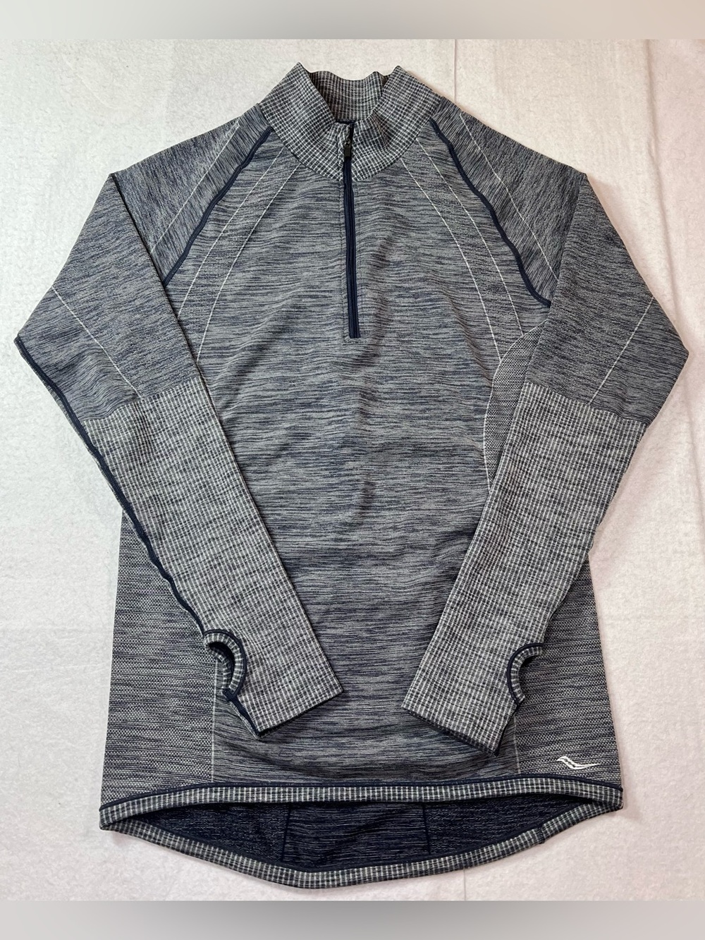 Saucony Womens M Slate Blue Space Dye 1/4 Zip Running Top Pullover Thumbholes